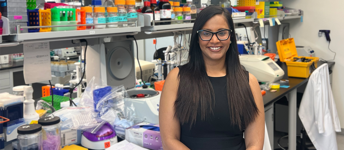 Manpreet Bariana, Ph.D. banner image of her in the lab