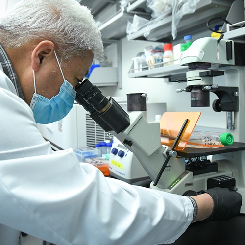 Yi Zang looking thru a microscope